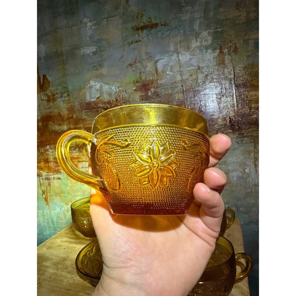 Indiana Glass‎ Tiara Sandwich Amber Tea Cups and Bowl Set Vintage 6 Piece Honey